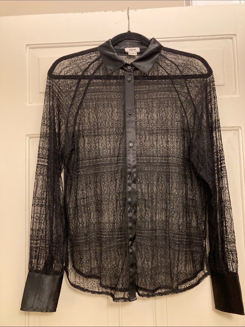 Jason Wu Black Sheer Lace Button-Front Blouse, Size XS